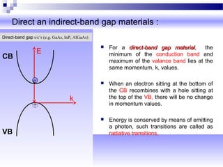 Direct an indirect-band gap materials :
 For a direct-band gap materialdirect-band gap material, the
minimum of the conduction band and
maximum of the valance band lies at the
same momentum, k, values.
 When an electron sitting at the bottom of
the CB recombines with a hole sitting at
the top of the VB, there will be no change
in momentum values.
 Energy is conserved by means of emitting
a photon, such transitions are called as
radiative transitions.
Direct-band gap s/c’s (e.g. GaAs, InP, AlGaAs)
+
e-
VB
CB
E
k
 