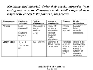 Nanostructured materials derive their special properties from
having one or more dimensions made small compared to a
length scale critical to the physics of the process.
      
   
 