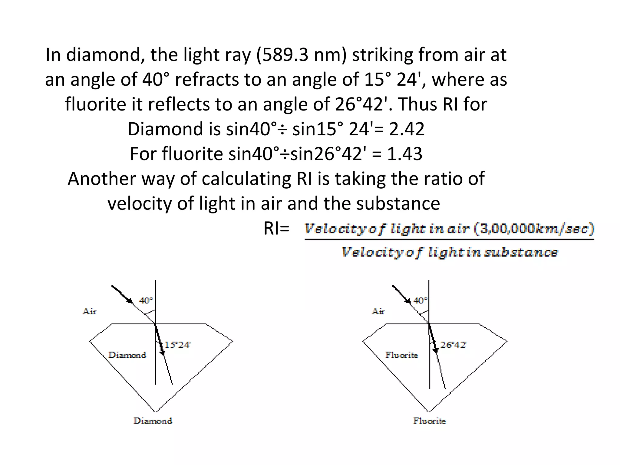 In diamond, the light ray (589.3 nm) striking from air at
an angle of 40° refracts to an angle of 15° 24', where as
fluorite it reflects to an angle of 26°42'. Thus RI for
Diamond is sin40°÷ sin15° 24'= 2.42
For fluorite sin40°÷sin26°42' = 1.43
Another way of calculating RI is taking the ratio of
velocity of light in air and the substance
RI=
 