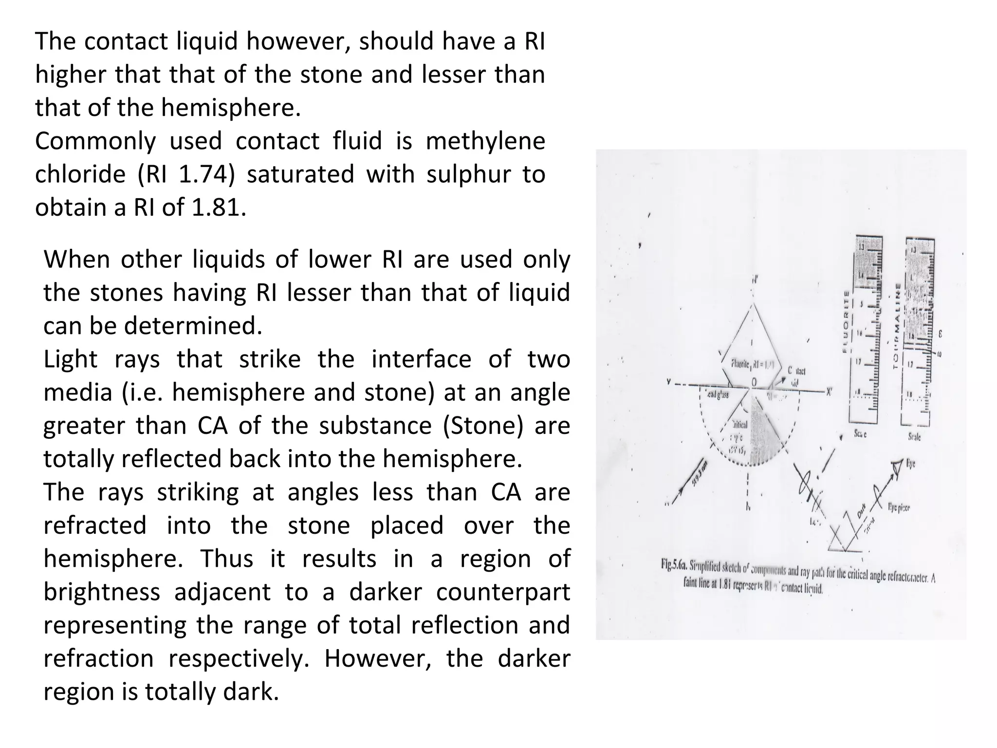 The contact liquid however, should have a RI
higher that that of the stone and lesser than
that of the hemisphere.
Commonly used contact fluid is methylene
chloride (RI 1.74) saturated with sulphur to
obtain a RI of 1.81.
When other liquids of lower RI are used only
the stones having RI lesser than that of liquid
can be determined.
Light rays that strike the interface of two
media (i.e. hemisphere and stone) at an angle
greater than CA of the substance (Stone) are
totally reflected back into the hemisphere.
The rays striking at angles less than CA are
refracted into the stone placed over the
hemisphere. Thus it results in a region of
brightness adjacent to a darker counterpart
representing the range of total reflection and
refraction respectively. However, the darker
region is totally dark.
 