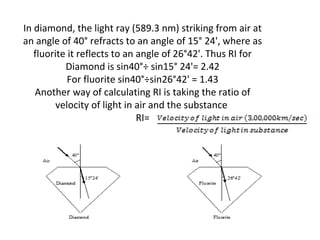In diamond, the light ray (589.3 nm) striking from air at
an angle of 40° refracts to an angle of 15° 24', where as
fluorite it reflects to an angle of 26°42'. Thus RI for
Diamond is sin40°÷ sin15° 24'= 2.42
For fluorite sin40°÷sin26°42' = 1.43
Another way of calculating RI is taking the ratio of
velocity of light in air and the substance
RI=
 