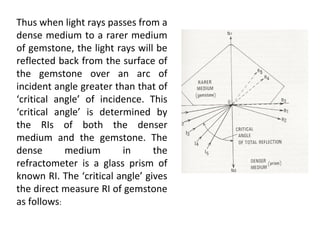 Thus when light rays passes from a
dense medium to a rarer medium
of gemstone, the light rays will be
reflected back from the surface of
the gemstone over an arc of
incident angle greater than that of
‘critical angle’ of incidence. This
‘critical angle’ is determined by
the RIs of both the denser
medium and the gemstone. The
dense medium in the
refractometer is a glass prism of
known RI. The ‘critical angle’ gives
the direct measure RI of gemstone
as follows:
 