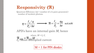 Responsivity (ℜ)
Quantum Efficiency (η) = number of e-h pairs generated /
number of incident photons
APD’s have an internal gain M, hence
where, M = IM/Ip
IM : Mean multiplied current
0
/
/
pI q
P h
η
ν
=
0
pI q
P h
η
ν
ℜ = = mA/mW
APD PIN Mℜ = ℜ
M = 1 for PIN diodes
 