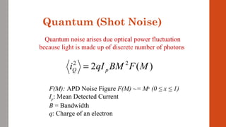 Quantum (Shot Noise)
)(2 22
MFBMqIi pQ =
F(M): APD Noise Figure F(M) ~= Mx
(0 ≤ x ≤ 1)
Ip: Mean Detected Current
B = Bandwidth
q: Charge of an electron
Quantum noise arises due optical power fluctuation
because light is made up of discrete number of photons
 