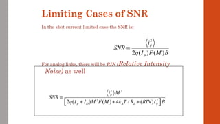 Limiting Cases of SNR
In the shot current limited case the SNR is:
For analog links, there will be RIN (Relative Intensity
Noise) as well
2
2 ( ) ( )
p
p
i
SNR
q I F M B
=
2 2
2 2
2 ( ) ( ) 4 / ( )
p
p D B L p
i M
SNR
q I I M F M k T R RIN I B
=
 + + + 
 