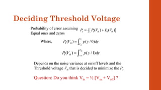 Deciding Threshold Voltage
0 ( ) ( / 0)
th
th
V
P V p y dy
∞
= ∫
1( ) ( /1)
thV
thP V p y dy
−∞
= ∫
[ ]1
1 02 ( ) ( )e th thP P V P V= +Probability of error assuming
Equal ones and zeros
Where,
Depends on the noise variance at on/off levels and the
Threshold voltage Vth that is decided to minimize the Pe
Question: Do you think Vth = ½ [Von + Voff] ?
 