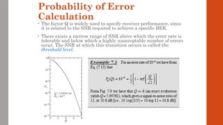 Probability of Error
Calculation
• The factor Q is widely used to specify receiver performance, since
it is related to the SNR required to achieve a specific BER.
• There exists a narrow range of SNR above which the error rate is
tolerable and below which a highly unacceptable number of errors
occur. The SNR at which this transition occurs is called the
threshold level.
 