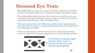 Stressed Eye Tests
• The IEEE 802.3ae spec for testing 10-Gigabit Ethernet (10-GbE)
devices describes performance measures using a degraded signal.
• This stressed eye test examines the worst-case condition of a poor
extinction ratio plus multiple stresses, ISI or vertical eye closure,
sinusoidal interference, and sinusoidal jitter.
• The test assumes that all different possible signal impairments
will close the eye down to a diamond shaped area (0.10 and 0.25 of
the full pattern height).
• If the eye opening is greater than this area, the receiver being
tested is expected to operate properly in an actual fielded system.
46
The inclusion of all possible signal
distortion effects results in a
stressed eye with only a small
diamond-shaped opening
 