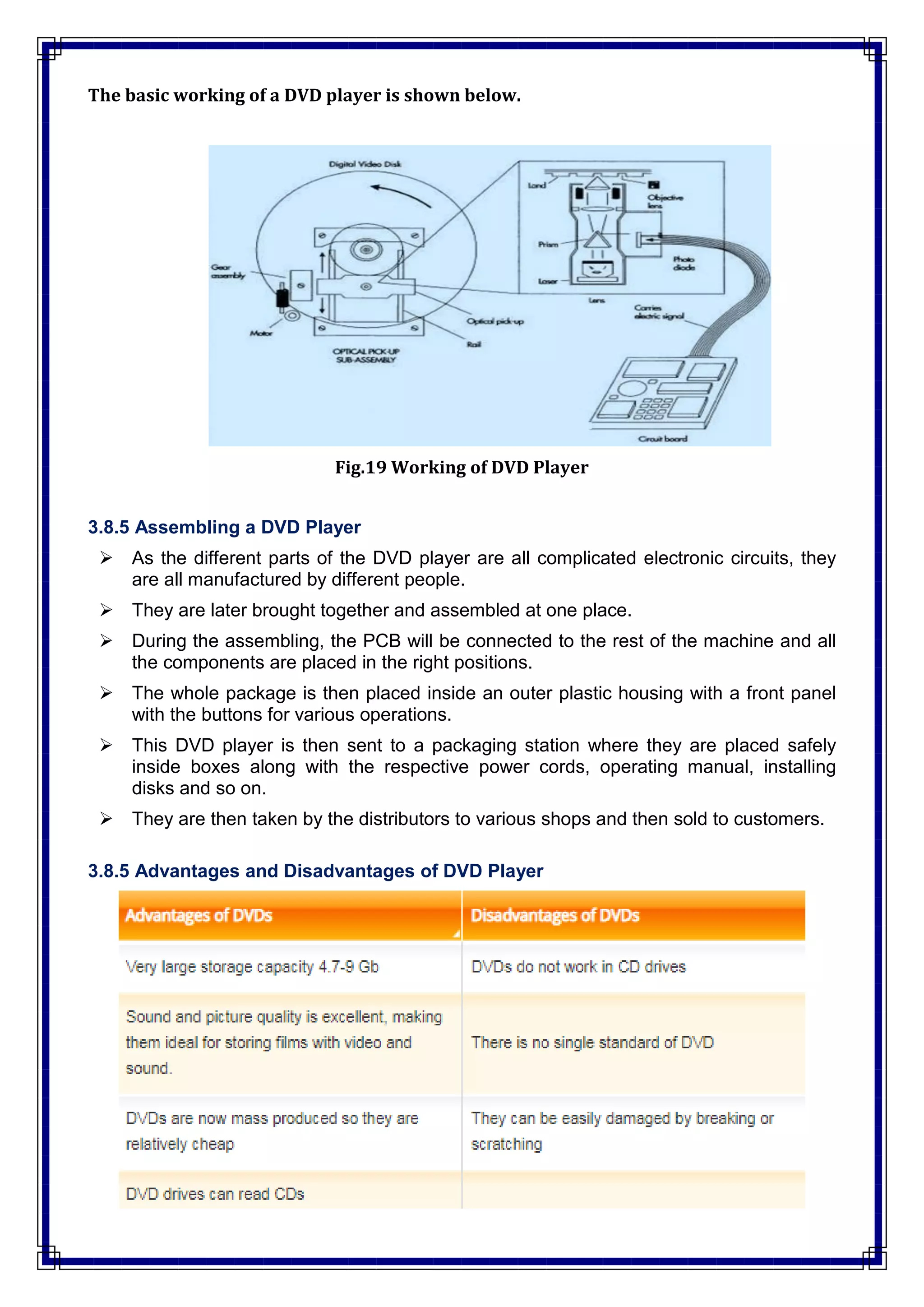 The basic working of a DVD player is shown below.
Fig.19 Working of DVD Player
3.8.5 Assembling a DVD Player
 As the different parts of the DVD player are all complicated electronic circuits, they
are all manufactured by different people.
 They are later brought together and assembled at one place.
 During the assembling, the PCB will be connected to the rest of the machine and all
the components are placed in the right positions.
 The whole package is then placed inside an outer plastic housing with a front panel
with the buttons for various operations.
 This DVD player is then sent to a packaging station where they are placed safely
inside boxes along with the respective power cords, operating manual, installing
disks and so on.
 They are then taken by the distributors to various shops and then sold to customers.
3.8.5 Advantages and Disadvantages of DVD Player
 
