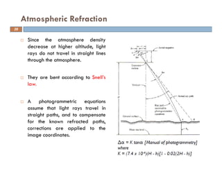 Since the atmosphere density
decrease at higher altitude, light
rays do not travel in straight lines
through the atmosphere.
They are bent according to Snell’s
law.
A photogrammetric equations
assume that light rays travel in
straight paths, and to compensate
for the known refracted paths,
corrections are applied to the
image coordinates.
Atmospheric Refraction
28
 