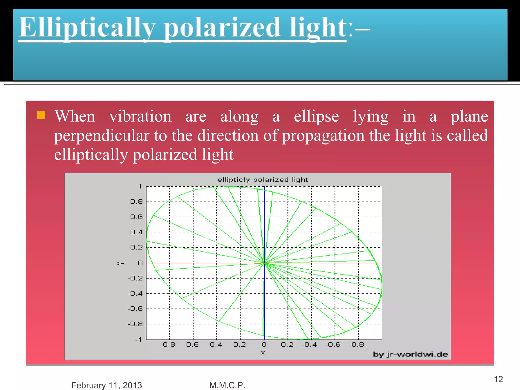    When vibration are along a ellipse lying in a plane
    perpendicular to the direction of propagation the light is called
    elliptically polarized light




                                                                        12
      February 11, 2013    M.M.C.P.
 
