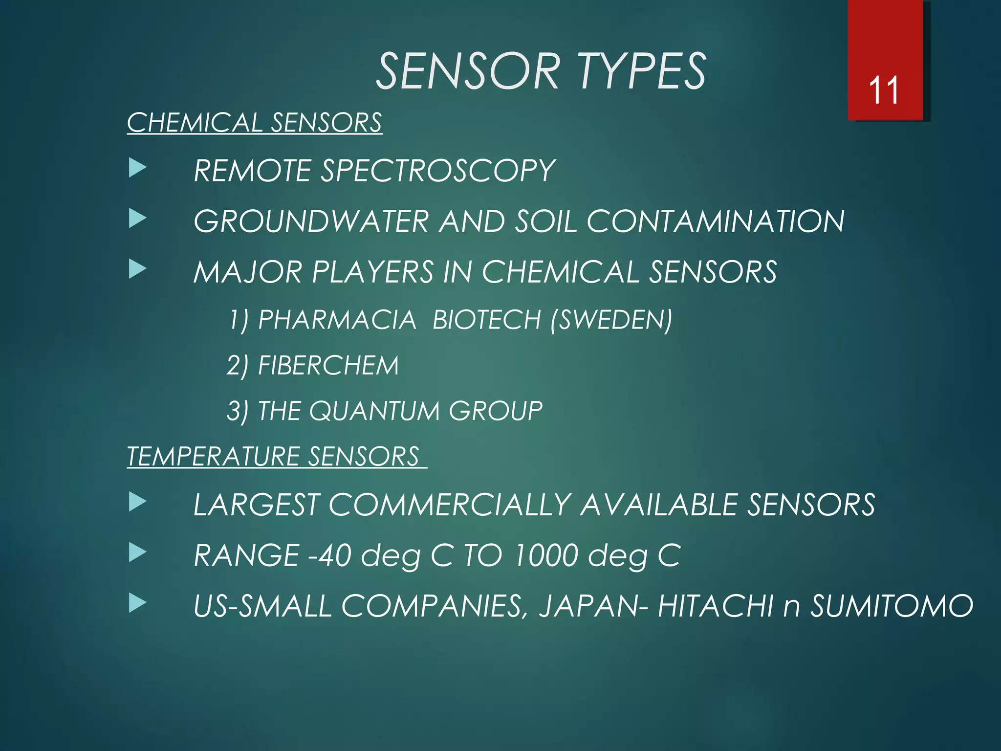 SENSOR TYPES
CHEMICAL SENSORS
 REMOTE SPECTROSCOPY
 GROUNDWATER AND SOIL CONTAMINATION
 MAJOR PLAYERS IN CHEMICAL SENSORS
1) PHARMACIA BIOTECH (SWEDEN)
2) FIBERCHEM
3) THE QUANTUM GROUP
TEMPERATURE SENSORS
 LARGEST COMMERCIALLY AVAILABLE SENSORS
 RANGE -40 deg C TO 1000 deg C
 US-SMALL COMPANIES, JAPAN- HITACHI n SUMITOMO
11
 