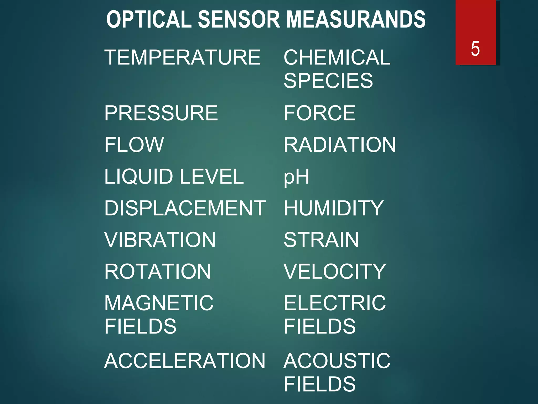 5TEMPERATURE CHEMICAL
SPECIES
PRESSURE FORCE
FLOW RADIATION
LIQUID LEVEL pH
DISPLACEMENT HUMIDITY
VIBRATION STRAIN
ROTATION VELOCITY
MAGNETIC
FIELDS
ELECTRIC
FIELDS
ACCELERATION ACOUSTIC
FIELDS
OPTICAL SENSOR MEASURANDS
 