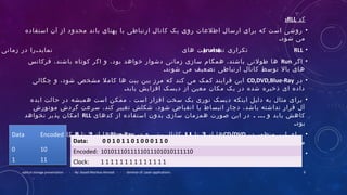 ‫کد‬RLL:
•‫استفاده‬ ‫آن‬ ‫از‬ ‫محدود‬ ‫باند‬ ‫پهنای‬ ‫با‬ ‫ارتباطی‬ ‫کانال‬ ‫یک‬ ‫روی‬ ‫اطلعات‬ ‫ارسال‬ ‫برای‬ ‫که‬ ‫است‬ ‫روشی‬
.‫شود‬ ‫می‬
•RLL‫تکراری‬‫های‬ ‫بیت‬ ‫تعداد‬)runs(.‫نماید‬‫زمانی‬ ‫در‬ ‫را‬
•‫اگر‬Run‫فرکانس‬ ،‫باشند‬ ‫کوتاه‬ ‫اگر‬ ‫و‬ ،‫بود‬ ‫خواهد‬ ‫دشوار‬ ‫زمانی‬ ‫سازی‬ ‫همگام‬ ،‫باشند‬ ‫طولنی‬ ‫ها‬
.‫شوند‬ ‫می‬ ‫تضعیف‬ ‫ارتباطی‬ ‫کانال‬ ‫توسط‬ ‫بال‬ ‫های‬
•‫در‬CD,DVD,Blue-Ray‫چگالی‬ ‫و‬ ،‫شود‬ ‫مشخص‬ ‫کامل‬ ‫ها‬ ‫بیت‬ ‫بین‬ ‫مرز‬ ‫که‬ ‫کند‬ ‫می‬ ‫کمک‬ ‫فرایند‬ ‫این‬
.‫یابد‬ ‫افزایش‬ ‫دیسک‬ ‫از‬ ‫معین‬ ‫مکان‬ ‫یک‬ ‫در‬ ‫شده‬ ‫ذخیره‬ ‫ای‬ ‫داده‬
•‫ایده‬ ‫حالت‬ ‫در‬ ‫همیشه‬ ‫است‬ ‫ممکن‬ ، ‫است‬ ‫افزار‬ ‫سخت‬ ‫یک‬ ‫نوری‬ ‫دیسک‬ ‫اینکه‬ ‫دلیل‬ ‫به‬ ‫مثال‬ ‫برای‬
‫موتورش‬ ‫گردش‬ ‫سرعت‬ ،‫کند‬ ‫تغییر‬ ‫شکلش‬ ،‫شود‬ ‫انقباض‬ ‫یا‬ ‫انبساط‬ ‫دچار‬ ،‫باشد‬ ‫نداشته‬ ‫قرار‬ ‫آل‬
. ...‫کدهای‬ ‫از‬ ‫استفاده‬ ‫بدون‬ ‫سازی‬ ‫همزمان‬ ‫صورت‬ ‫این‬ ‫در‬ ‫و‬ ‫یابد‬ ‫کاهش‬RLL‫نخواهد‬ ‫پذیر‬ ‫امکان‬
.‫بود‬
•‫در‬ ‫منظور‬ ‫این‬ ‫برای‬CD/DVD‫از‬ ‫ها‬3‫تا‬11‫در‬ ‫و‬ ‫بیتی‬ ‫کانال‬Blue-Ray‫از‬ ‫ها‬2‫تا‬8‫استفاده‬ ‫کانال‬
.‫شود‬ ‫می‬
•‫مثال‬(RLL 0,1)
optical storage presentation - - - By: Seyed Morteza Ahmadi - - - Seminar of: Laser applications 9
Data: 0 0 1 0 1 1 0 1 0 0 0 1 1 0
Encoded: 1010111011111011101010111110
Clock: 1 1 1 1 1 1 1 1 1 1 1 1 1 1
 