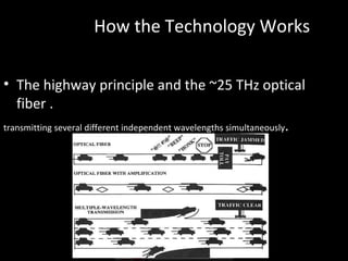 How the Technology Works

• The highway principle and the ~25 THz optical
   fiber .
transmitting several different independent wavelengths simultaneously.
 