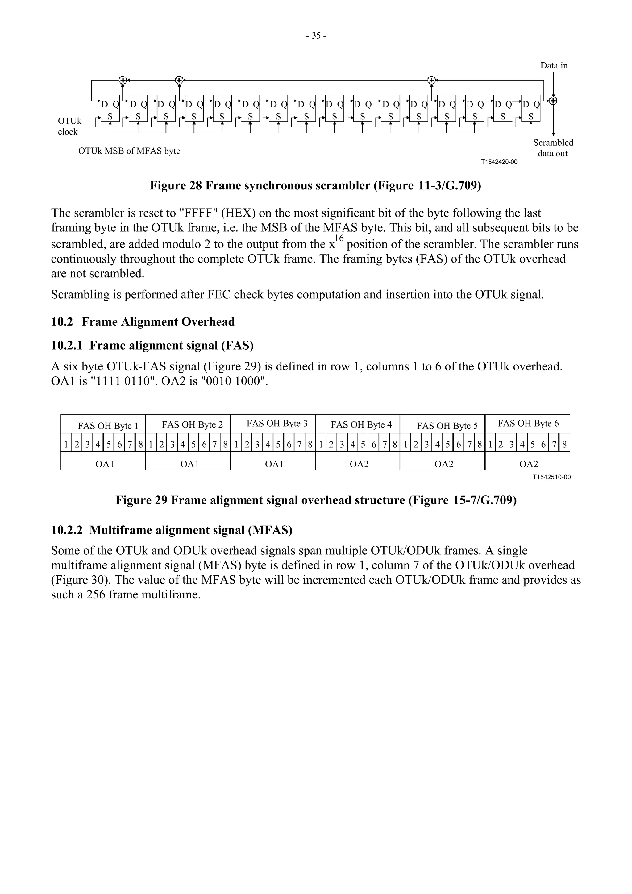 - 35 -
T1542420-00
D Q
S
D Q
S
D Q
S
D Q
S
D Q D Q D Q D Q D Q D Q D Q D Q D Q D Q D Q D Q
S S S S S S S S S S S S
OTUk MSB of MFAS byte
Data in
OTUk
clock
Scrambled
data out
Figure 28 Frame synchronous scrambler (Figure 11-3/G.709)
The scrambler is reset to "FFFF" (HEX) on the most significant bit of the byte following the last
framing byte in the OTUk frame, i.e. the MSB of the MFAS byte. This bit, and all subsequent bits to be
scrambled, are added modulo 2 to the output from the x
16
position of the scrambler. The scrambler runs
continuously throughout the complete OTUk frame. The framing bytes (FAS) of the OTUk overhead
are not scrambled.
Scrambling is performed after FEC check bytes computation and insertion into the OTUk signal.
10.2 Frame Alignment Overhead
10.2.1 Frame alignment signal (FAS)
A six byte OTUk-FAS signal (Figure 29) is defined in row 1, columns 1 to 6 of the OTUk overhead.
OA1 is "1111 0110". OA2 is "0010 1000".
T1542510-00
1 2 3 4 5 6 7 8 1 2 3 4 5 6 7 8 1 2 3 4 5 6 7 8 1 2 3 4 5 6 7 8 1 2 3 4 5 6 7 8 1 2 3 4 5 6 7 8
OA1 OA1 OA1 OA2 OA2 OA2
FAS OH Byte 1 FAS OH Byte 2 FAS OH Byte 3 FAS OH Byte 4 FAS OH Byte 5 FAS OH Byte 6
Figure 29 Frame alignment signal overhead structure (Figure 15-7/G.709)
10.2.2 Multiframe alignment signal (MFAS)
Some of the OTUk and ODUk overhead signals span multiple OTUk/ODUk frames. A single
multiframe alignment signal (MFAS) byte is defined in row 1, column 7 of the OTUk/ODUk overhead
(Figure 30). The value of the MFAS byte will be incremented each OTUk/ODUk frame and provides as
such a 256 frame multiframe.
 