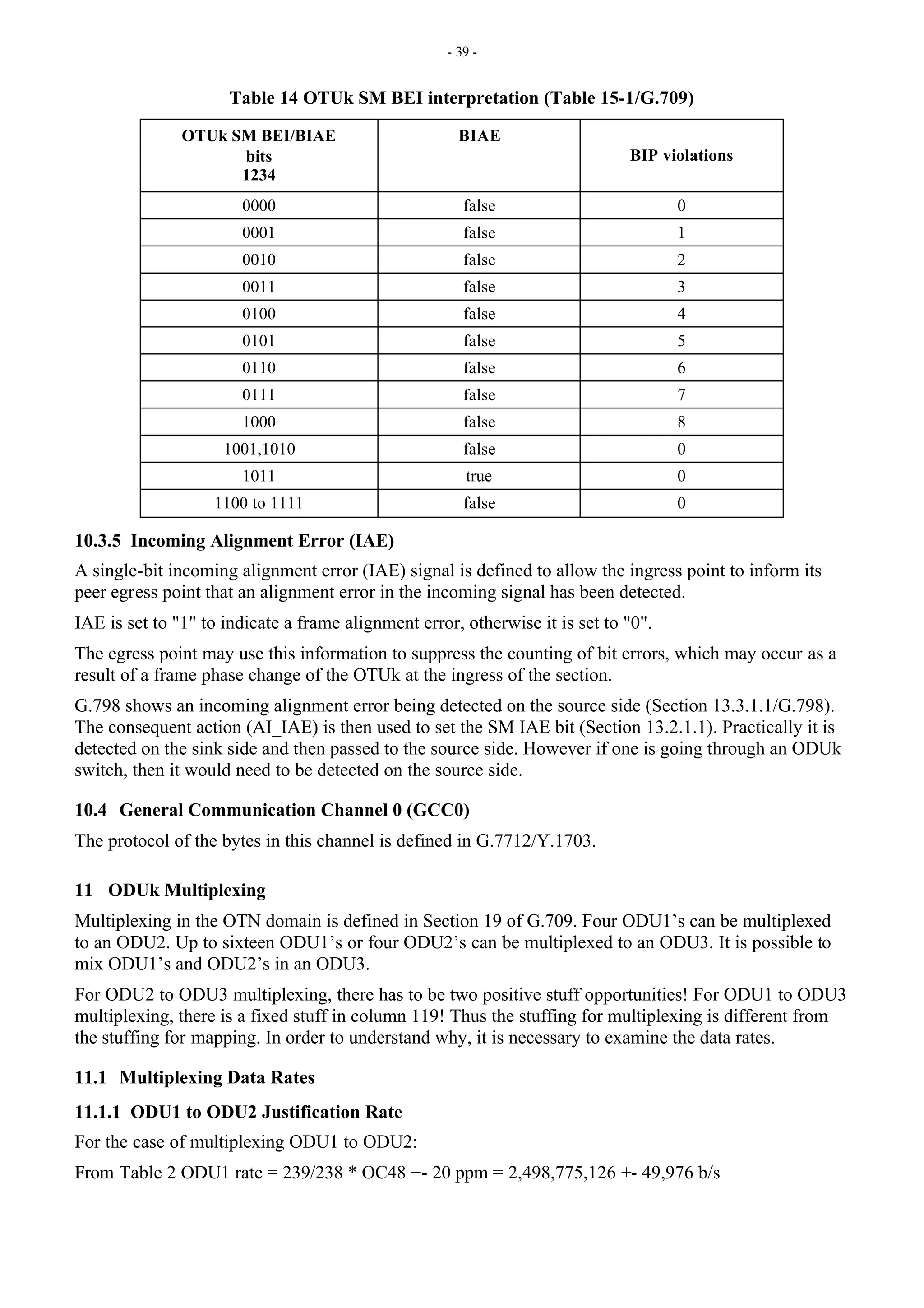- 39 -
Table 14 OTUk SM BEI interpretation (Table 15-1/G.709)
OTUk SM BEI/BIAE
bits
1234
BIAE
BIP violations
0000 false 0
0001 false 1
0010 false 2
0011 false 3
0100 false 4
0101 false 5
0110 false 6
0111 false 7
1000 false 8
1001,1010 false 0
1011 true 0
1100 to 1111 false 0
10.3.5 Incoming Alignment Error (IAE)
A single-bit incoming alignment error (IAE) signal is defined to allow the ingress point to inform its
peer egress point that an alignment error in the incoming signal has been detected.
IAE is set to "1" to indicate a frame alignment error, otherwise it is set to "0".
The egress point may use this information to suppress the counting of bit errors, which may occur as a
result of a frame phase change of the OTUk at the ingress of the section.
G.798 shows an incoming alignment error being detected on the source side (Section 13.3.1.1/G.798).
The consequent action (AI_IAE) is then used to set the SM IAE bit (Section 13.2.1.1). Practically it is
detected on the sink side and then passed to the source side. However if one is going through an ODUk
switch, then it would need to be detected on the source side.
10.4 General Communication Channel 0 (GCC0)
The protocol of the bytes in this channel is defined in G.7712/Y.1703.
11 ODUk Multiplexing
Multiplexing in the OTN domain is defined in Section 19 of G.709. Four ODU1’s can be multiplexed
to an ODU2. Up to sixteen ODU1’s or four ODU2’s can be multiplexed to an ODU3. It is possible to
mix ODU1’s and ODU2’s in an ODU3.
For ODU2 to ODU3 multiplexing, there has to be two positive stuff opportunities! For ODU1 to ODU3
multiplexing, there is a fixed stuff in column 119! Thus the stuffing for multiplexing is different from
the stuffing for mapping. In order to understand why, it is necessary to examine the data rates.
11.1 Multiplexing Data Rates
11.1.1 ODU1 to ODU2 Justification Rate
For the case of multiplexing ODU1 to ODU2:
From Table 2 ODU1 rate = 239/238 * OC48 +- 20 ppm = 2,498,775,126 +- 49,976 b/s
 