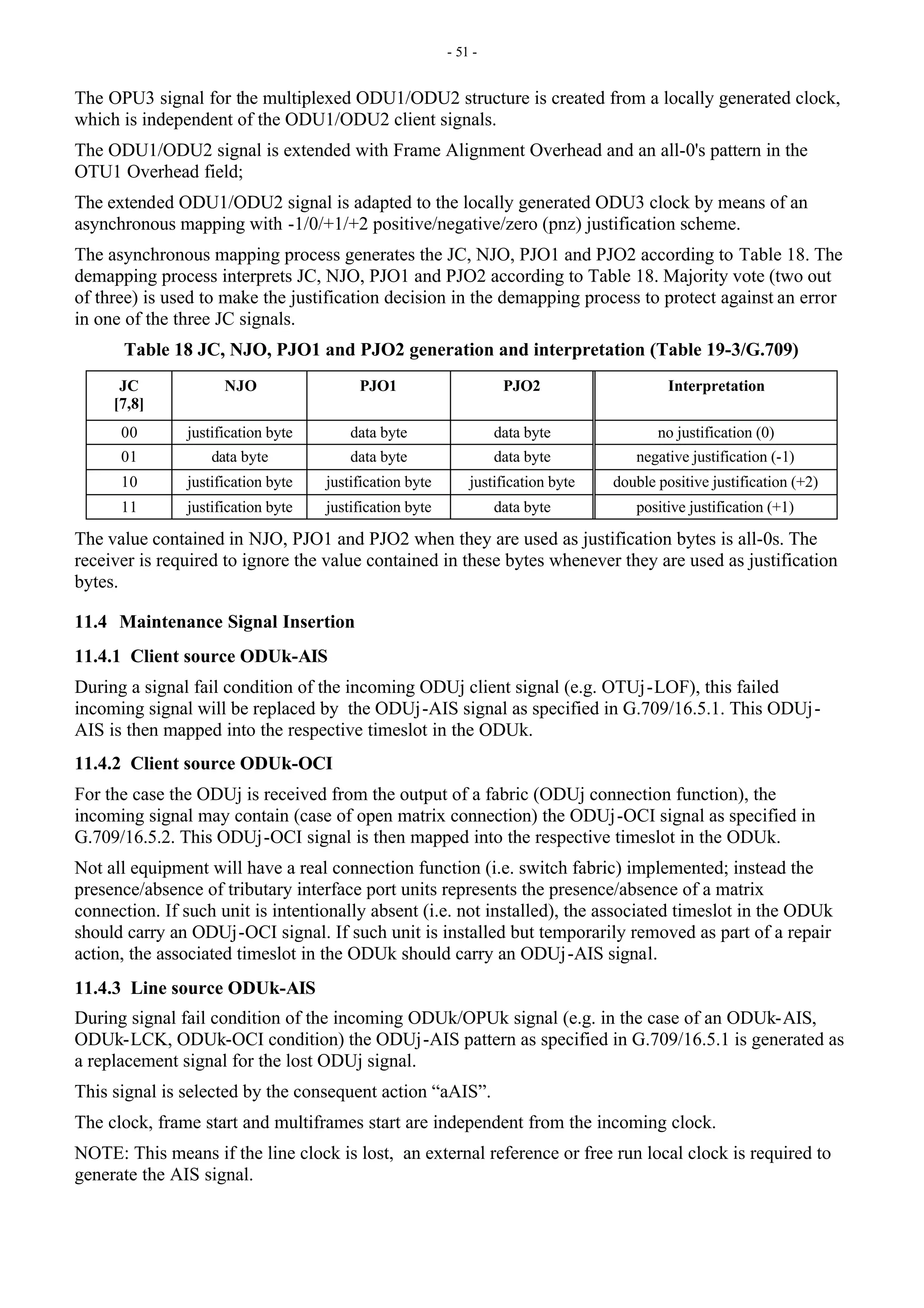 - 51 -
The OPU3 signal for the multiplexed ODU1/ODU2 structure is created from a locally generated clock,
which is independent of the ODU1/ODU2 client signals.
The ODU1/ODU2 signal is extended with Frame Alignment Overhead and an all-0's pattern in the
OTU1 Overhead field;
The extended ODU1/ODU2 signal is adapted to the locally generated ODU3 clock by means of an
asynchronous mapping with -1/0/+1/+2 positive/negative/zero (pnz) justification scheme.
The asynchronous mapping process generates the JC, NJO, PJO1 and PJO2 according to Table 18. The
demapping process interprets JC, NJO, PJO1 and PJO2 according to Table 18. Majority vote (two out
of three) is used to make the justification decision in the demapping process to protect against an error
in one of the three JC signals.
Table 18 JC, NJO, PJO1 and PJO2 generation and interpretation (Table 19-3/G.709)
JC
[7,8]
NJO PJO1 PJO2 Interpretation
00 justification byte data byte data byte no justification (0)
01 data byte data byte data byte negative justification (-1)
10 justification byte justification byte justification byte double positive justification (+2)
11 justification byte justification byte data byte positive justification (+1)
The value contained in NJO, PJO1 and PJO2 when they are used as justification bytes is all-0s. The
receiver is required to ignore the value contained in these bytes whenever they are used as justification
bytes.
11.4 Maintenance Signal Insertion
11.4.1 Client source ODUk-AIS
During a signal fail condition of the incoming ODUj client signal (e.g. OTUj-LOF), this failed
incoming signal will be replaced by the ODUj-AIS signal as specified in G.709/16.5.1. This ODUj-
AIS is then mapped into the respective timeslot in the ODUk.
11.4.2 Client source ODUk-OCI
For the case the ODUj is received from the output of a fabric (ODUj connection function), the
incoming signal may contain (case of open matrix connection) the ODUj-OCI signal as specified in
G.709/16.5.2. This ODUj-OCI signal is then mapped into the respective timeslot in the ODUk.
Not all equipment will have a real connection function (i.e. switch fabric) implemented; instead the
presence/absence of tributary interface port units represents the presence/absence of a matrix
connection. If such unit is intentionally absent (i.e. not installed), the associated timeslot in the ODUk
should carry an ODUj-OCI signal. If such unit is installed but temporarily removed as part of a repair
action, the associated timeslot in the ODUk should carry an ODUj-AIS signal.
11.4.3 Line source ODUk-AIS
During signal fail condition of the incoming ODUk/OPUk signal (e.g. in the case of an ODUk-AIS,
ODUk-LCK, ODUk-OCI condition) the ODUj-AIS pattern as specified in G.709/16.5.1 is generated as
a replacement signal for the lost ODUj signal.
This signal is selected by the consequent action “aAIS”.
The clock, frame start and multiframes start are independent from the incoming clock.
NOTE: This means if the line clock is lost, an external reference or free run local clock is required to
generate the AIS signal.
 