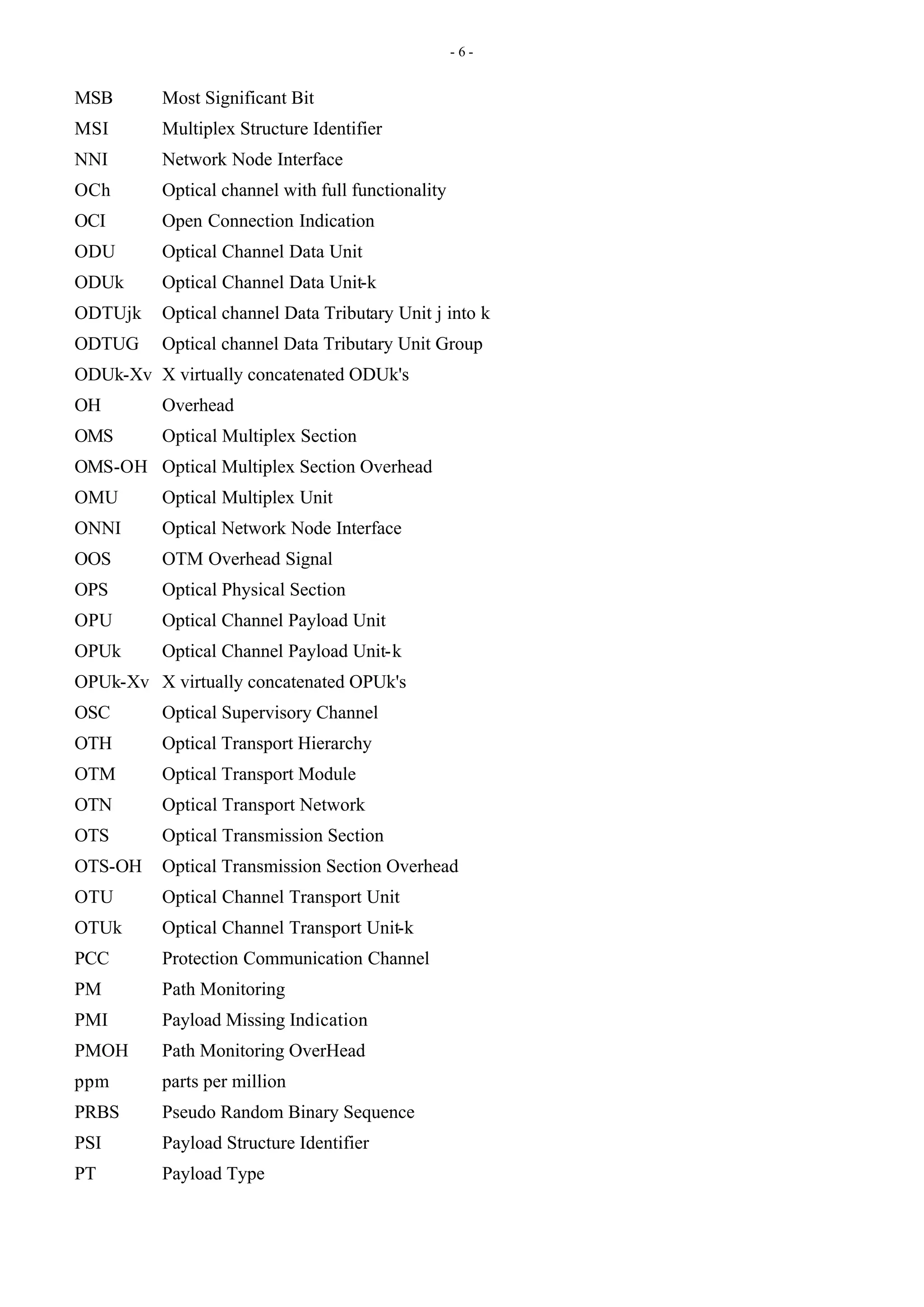 - 6 -
MSB Most Significant Bit
MSI Multiplex Structure Identifier
NNI Network Node Interface
OCh Optical channel with full functionality
OCI Open Connection Indication
ODU Optical Channel Data Unit
ODUk Optical Channel Data Unit-k
ODTUjk Optical channel Data Tributary Unit j into k
ODTUG Optical channel Data Tributary Unit Group
ODUk-Xv X virtually concatenated ODUk's
OH Overhead
OMS Optical Multiplex Section
OMS-OH Optical Multiplex Section Overhead
OMU Optical Multiplex Unit
ONNI Optical Network Node Interface
OOS OTM Overhead Signal
OPS Optical Physical Section
OPU Optical Channel Payload Unit
OPUk Optical Channel Payload Unit-k
OPUk-Xv X virtually concatenated OPUk's
OSC Optical Supervisory Channel
OTH Optical Transport Hierarchy
OTM Optical Transport Module
OTN Optical Transport Network
OTS Optical Transmission Section
OTS-OH Optical Transmission Section Overhead
OTU Optical Channel Transport Unit
OTUk Optical Channel Transport Unit-k
PCC Protection Communication Channel
PM Path Monitoring
PMI Payload Missing Indication
PMOH Path Monitoring OverHead
ppm parts per million
PRBS Pseudo Random Binary Sequence
PSI Payload Structure Identifier
PT Payload Type
 