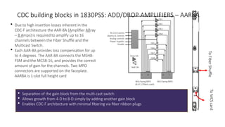 To
Fiber
Shuffle
To
MCS
card
Drop OA
Add OA
3 10 10 3
RS-232 Comms
Alarms & Controls
Analog controls
Power Supplies
Disable
WSS facing MPO
(8 of 12 fibers used)
MCS facing MPO
OA1
OA2
OA3
OA4
OA5
OA6
OA7
OA8
 Due to high insertion losses inherent in the
CDC-F architecture the AAR-8A (Amplifier ARray
– 8 Amps) is required to amplify up to 16
channels between the Fiber Shuffle and the
Multicast Switch.
 Each AAR-8A provides loss compensation for up
to 4-degrees. The AAR-8A connects the MSH8-
FSM and the MCS8-16, and provides the correct
amount of gain for the channels. Two MPO
connectors are supported on the faceplate.
AAR8A is 1-slot full height card
 Separation of the gain block from the multi-cast switch
 Allows growth from 4-D to 8-D simply by adding another gain block
 Enables CDC-F architecture with minimal fibering via fiber ribbon plugs
CDC building blocks in 1830PSS: ADD/DROP AMPLIFIERS – AAR8A
 