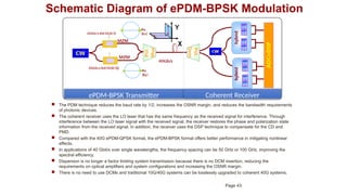 ePDM-BPSK Transmitter Coherent Receiver
Schematic Diagram of ePDM-BPSK Modulation
 The PDM technique reduces the baud rate by 1/2, increases the OSNR margin, and reduces the bandwidth requirements
of photonic devices.
 The coherent receiver uses the LO laser that has the same frequency as the received signal for interference. Through
interference between the LO laser signal with the received signal, the receiver restores the phase and polarization state
information from the received signal. In addition, the receiver uses the DSP technique to compensate for the CD and
PMD.
 Compared with the 40G ePDM-QPSK format, the ePDM-BPSK format offers better performance in mitigating nonlinear
effects.
 In applications of 40 Gbit/s over single wavelengths, the frequency spacing can be 50 GHz or 100 GHz, improving the
spectral efficiency.
 Dispersion is no longer a factor limiting system transmission because there is no DCM insertion, reducing the
requirements on optical amplifiers and system configurations and increasing the OSNR margin.
 There is no need to use DCMs and traditional 10G/40G systems can be losslessly upgraded to coherent 40G systems.
Page 43
 