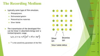 The Recording Medium
 typically some type of film emulsion.
 Photopolymers
 Dichromated gelatin
 Photorefractive materials
 Silver Halide
 The transmission of the developed film
can be linear in absorbed energy over a
limited dynamic range.
 is the sensitivity parameter of the film
VolumeHologram
Applications
&Simulation
Conclusion
Silver
ion
Bromine
ion
Silver halide lattice
 