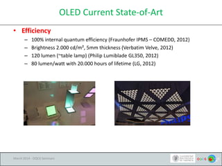 OLED Current State-of-Art
• Efficiency
– 100% internal quantum efficiency (Fraunhofer IPMS – COMEDD, 2012)
– Brightness 2.000 cd/m², 5mm thickness (Verbatim Velve, 2012)
– 120 lumen (~table lamp) (Philip Lumiblade GL350, 2012)
– 80 lumen/watt with 20.000 hours of lifetime (LG, 2012)
March 2014 - OQCG Seminars
 