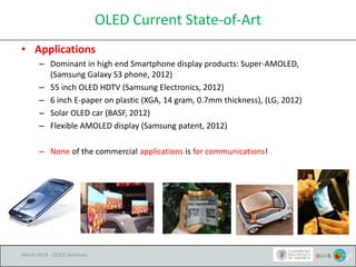 OLED Current State-of-Art
• Applications
– Dominant in high end Smartphone display products: Super-AMOLED,
(Samsung Galaxy S3 phone, 2012)
– 55 inch OLED HDTV (Samsung Electronics, 2012)
– 6 inch E-paper on plastic (XGA, 14 gram, 0.7mm thickness), (LG, 2012)
– Solar OLED car (BASF, 2012)
– Flexible AMOLED display (Samsung patent, 2012)
– None of the commercial applications is for communications!
March 2014 - OQCG Seminars
 