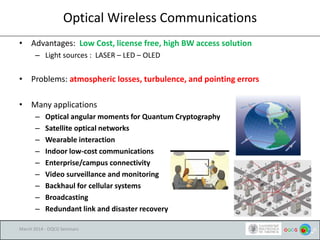Optical Wireless Communications
• Advantages: Low Cost, license free, high BW access solution
– Light sources : LASER – LE...