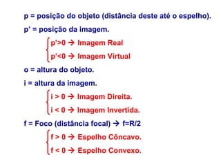 p = posição do objeto (distância deste até o espelho). p’ = posição da imagem. p’>0    Imagem Real p’<0    Imagem Virtual o = altura do objeto. i = altura da imagem.  i > 0    Imagem Direita. i < 0    Imagem Invertida. f = Foco (distância focal)    f=R/2 f > 0    Espelho Côncavo. f < 0    Espelho Convexo. 
