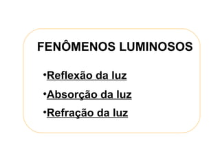 FENÔMENOS LUMINOSOS Reflexão da luz Absorção da luz Refração da luz 