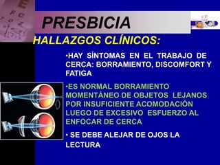 Enfermedades Oculares
PRESBICIA
HALLAZGOS CLÍNICOS:
•HAY SÍNTOMAS EN EL TRABAJO DE
CERCA: BORRAMIENTO, DISCOMFORT Y
FATIGA
•ES NORMAL BORRAMIENTO
MOMENTÁNEO DE OBJETOS LEJANOS
POR INSUFICIENTE ACOMODACIÓN
LUEGO DE EXCESIVO ESFUERZO AL
ENFOCAR DE CERCA
• SE DEBE ALEJAR DE OJOS LA
LECTURA.
 