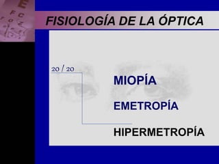 FISIOLOGÍA DE LA ÓPTICA
20 / 20
MIOPÍA
EMETROPÍA
HIPERMETROPÍA
 