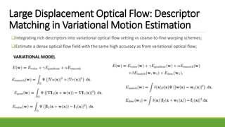 Large Displacement Optical Flow: Descriptor
Matching in Variational Motion Estimation
Integrating rich descriptors into variational optical flow setting vs coarse-to-fine warping schemes;
Estimate a dense optical flow field with the same high accuracy as from variational optical flow;
VARIATIONAL MODEL
 