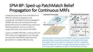 SPM-BP: Sped-up PatchMatch Belief
Propagation for Continuous MRFs
Integrating key ideas from PatchMatch of
effective particle propagation and
resampling, PatchMatch belief propagation
(PMBP) has been demonstrated to have
good performance in addressing continuous
labeling problems and runs orders of
magnitude faster than Particle BP (PBP).
Sped-up PMBP (SPM-BP): unifying efficient
filter-based cost aggregation and message
passing with PatchMatch-based particle
generation in a highly effective way.
Two-layer graph structure used in SPM-BP: (b)(c) A superpixel-level
graph generates new particle proposals to be tested on the pixel-
level graph. (d) For the reference superpixel, the EAF is applied to
obtain the data cost. (e) The message passing algo. proceeds in the
inner loop, while outgoing messages on the boundary are fixed.
 