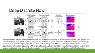 Deep Discrete Flow
The input images are processed in forward order and backward order using local and context Siamese CNN, yielding per-
pixel descriptors. Then match points on a regular grid in the ref image to every pixel in the other image, yielding a large
tensor of forward matching costs (F1/F2) and backward matching costs (B1/B2). Matching costs are smoothed using
discrete MAP inference in a pairwise MRF. Finally, a forward-backward consistency check removes outliers and sub-pixel
accuracy is attained using the EpicFlow interpolator . Train the model in a piece-wise fashion via the loss functions.
 