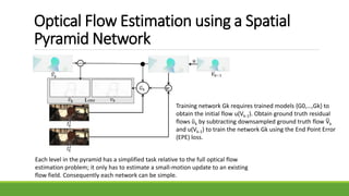 Optical Flow Estimation using a Spatial
Pyramid Network
Training network Gk requires trained models {G0,…,Gk} to
obtain the initial flow u(Vk-1). Obtain ground truth residual
flows ῠk by subtracting downsampled ground truth flow Ṽk
and u(Vk-1) to train the network Gk using the End Point Error
(EPE) loss.
Each level in the pyramid has a simplified task relative to the full optical flow
estimation problem; it only has to estimate a small-motion update to an existing
flow field. Consequently each network can be simple.
 