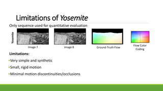 Limitations of Yosemite
Only sequence used for quantitative evaluation
Limitations:
•Very simple and synthetic
•Small, rigid motion
•Minimal motion discontinuities/occlusions
Image 7 Image 8
Yosemite
Ground-Truth Flow
Flow Color
Coding
 