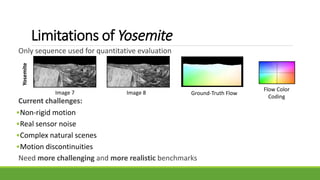 Limitations of Yosemite
Only sequence used for quantitative evaluation
Current challenges:
•Non-rigid motion
•Real sensor noise
•Complex natural scenes
•Motion discontinuities
Need more challenging and more realistic benchmarks
Image 7 Image 8
Yosemite
Ground-Truth Flow
Flow Color
Coding
 