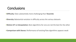 Conclusions
•Difficulty: Data substantially more challenging than Yosemite
•Diversity: Substantial variation in difficulty across the various datasets
•Motion GT vs Interpolation: Best algorithms for one are not the best for the other
•Comparison with Stereo: Performance of existing flow algorithms appears weak
Szeliski
 