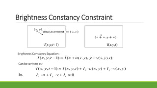 Brightness Constancy Equation:
),()1,,( ),,(),( tyxyx vyuxItyxI 
),(),(),,()1,,( yxvIyxuItyxItyxI yx 
Can be written as:
Brightness Constancy Constraint
I(x,y,t–1) I(x,y,t)
0 tyx IvIuISo,
 