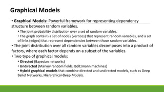 Graphical Models
• Graphical Models: Powerful framework for representing dependency
structure between random variables.
• The joint probability distribution over a set of random variables.
• The graph contains a set of nodes (vertices) that represent random variables, and a set
of links (edges) that represent dependencies between those random variables.
• The joint distribution over all random variables decomposes into a product of
factors, where each factor depends on a subset of the variables.
• Two type of graphical models:
• Directed (Bayesian networks)
• Undirected (Markov random fields, Boltzmann machines)
• Hybrid graphical models that combine directed and undirected models, such as Deep
Belief Networks, Hierarchical-Deep Models.
 