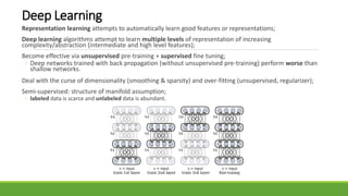Deep Learning
Representation learning attempts to automatically learn good features or representations;
Deep learning algorithms attempt to learn multiple levels of representation of increasing
complexity/abstraction (intermediate and high level features);
Become effective via unsupervised pre-training + supervised fine tuning;
◦ Deep networks trained with back propagation (without unsupervised pre-training) perform worse than
shallow networks.
Deal with the curse of dimensionality (smoothing & sparsity) and over-fitting (unsupervised, regularizer);
Semi-supervised: structure of manifold assumption;
◦ labeled data is scarce and unlabeled data is abundant.
 
