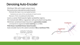 Denoising Auto-Encoder
Multilayer NNs with target output=input;
Reconstruction=decoder(encoder(input));
◦ Perturbs the input x to a corrupted version;
◦ Randomly sets some of the coordinates of input to zeros.
◦ Recover x from encoded perturbed data.
Learns a vector field towards higher probability regions;
Pre-trained with DBN or regularizer with perturbed training data;
Minimizes variational lower bound on a generative model;
◦ corresponds to regularized score matching on an RBM;
PCA=linear manifold=linear Auto Encoder;
Auto-encoder learns the salient variation like a nonlinear PCA.
 