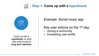 Step 1: Come up with a hypothesis
Example: Social music app
Key user actions on the 1st day:
•  Joining a community
•  Completing user proﬁle
Come up with a
hypothesis on what
user actions lead to
long term retention
 