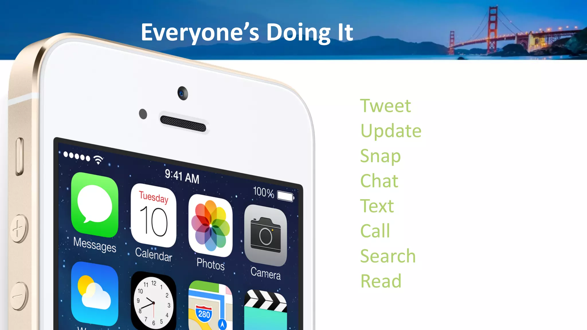 Everyone’s	
  Doing	
  It
Tweet	
  
Update	
  
Snap	
  
Chat	
  
Text	
  
Call	
  
Search	
  
Read	
  
!
 