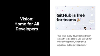Vision:
Home for All
Developers
“We want every developer and team
on earth to be able to use GitHub for
their development, whether it’s
private or public development.”
 