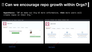 🧪 Can we encourage repo growth within Orgs?
Hypothesis: “If we make our Org UI more informative, then more users will
create repos in their Org.”
Control Variant
 