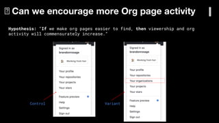 🧪 Can we encourage more Org page activity 🎓
Hypothesis: “If we make org pages easier to find, then viewership and org
activity will commensurately increase.”
Control Variant
 