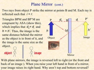 Plane Mirror           (cont.)
Two rays from object P strike the mirror at points B and M. Each ray is
reflected such that i = r.
 Triangles BPM and BP’M are                 P       do     B        di    P’
 congruent by ASA (show this),
 which implies that do= di and
 h = h’. Thus, the image is the         h                  M                h’
 same distance behind the mirror
                                        Object                           Image
 as the object is in front of it, and
 the image is the same size as the
 object.

  object                     image
                                                           Mirror

With plane mirrors, the image is reversed left to right (or the front and
back of an image ). When you raise your left hand in front of a mirror,
your image raises its right hand. Why aren’t top and bottom reversed?
 